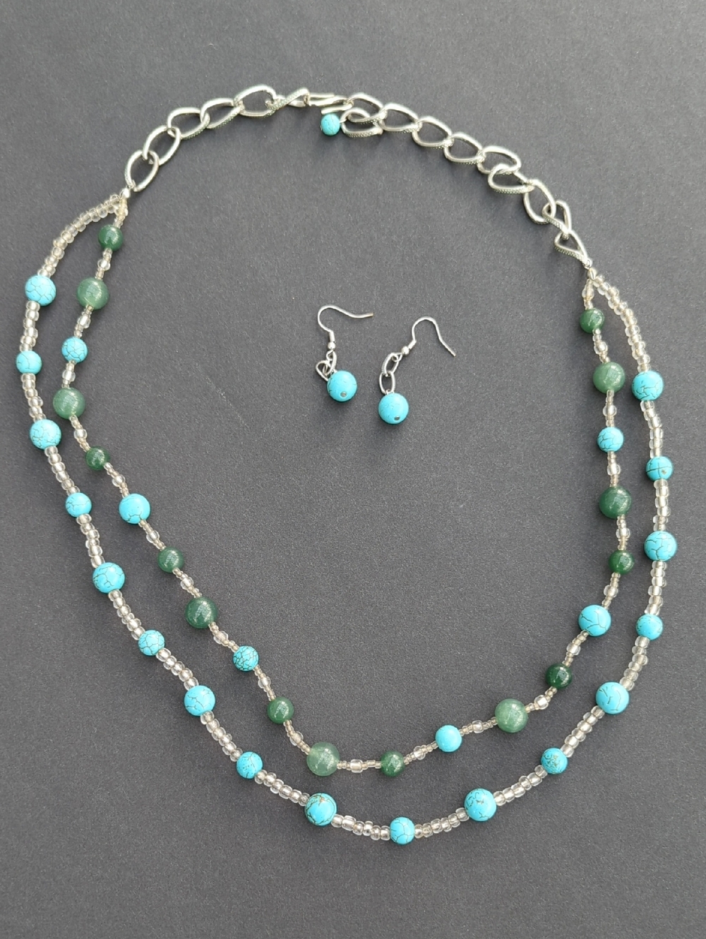 Turquoise & Green Bead Layered Necklace with Matching Earrings